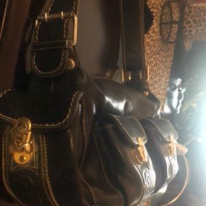 Large Black Leather Thick Strap Shoulder Bag